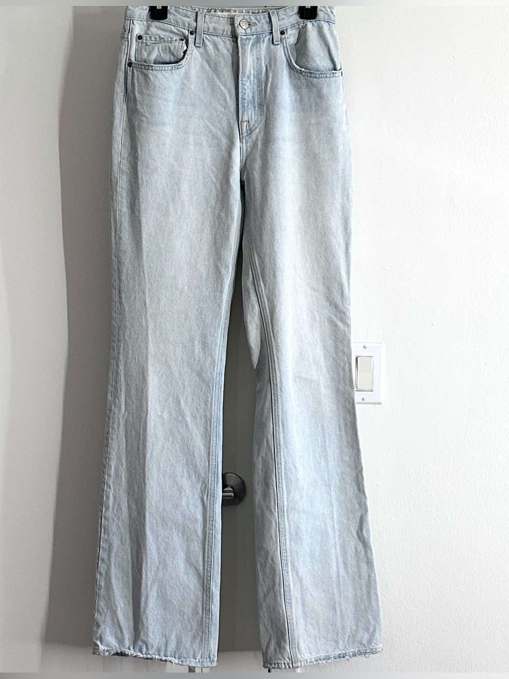 GRLFRND Melanie Flare Jeans 27 High Rise Light Wash Raw Hem 35" Inseam